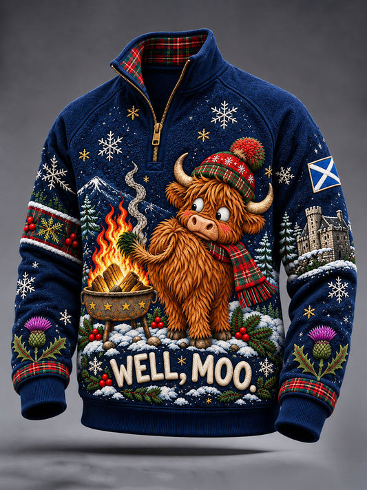 Men's Scottish Christmas Printed Zip-Up Hoodie
