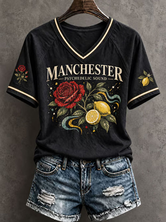 Women's Lemon Roses Music Lover Printed V-neck off-shoulder short-sleeved T-shirt