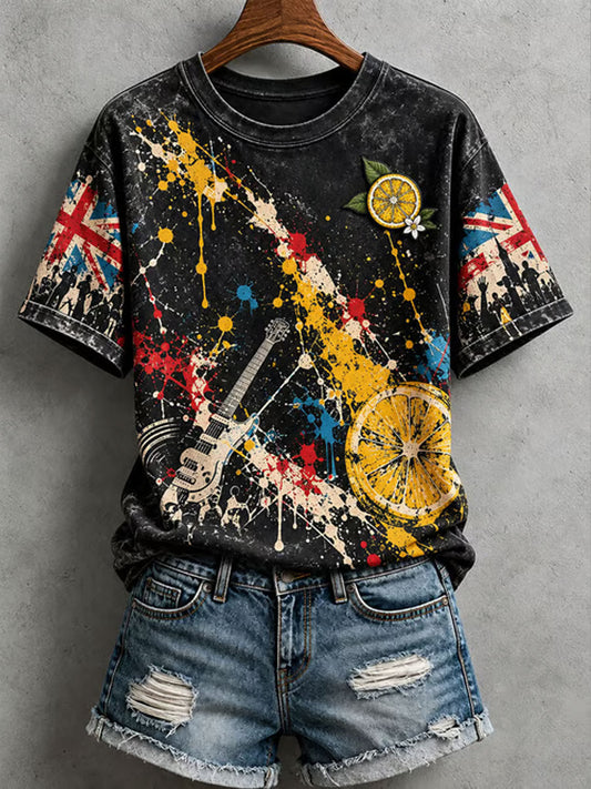 Women's Lemon Roses Music Lover Printed short-sleeved T-shirt