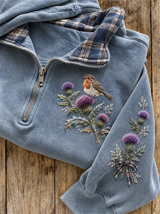 Women's Vintage Robin Bird on Thistles Scotland Tartan Print Zip Up Sweatshirt