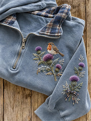 Women's Vintage Robin Bird on Thistles Scotland Tartan Print Zip Up Sweatshirt