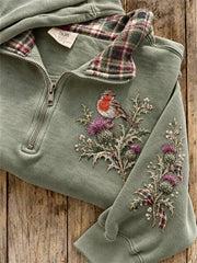 Women's Vintage Robin Bird on Thistles Scotland Tartan Print Zip Up Sweatshirt