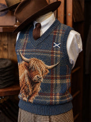 Men's Vintage Highland Cow Scotland Tartan Print Cozy Vest