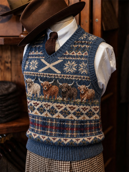 Men's Vintage Highland Cows Scotland Tartan Fair Isle Print Cozy Vest