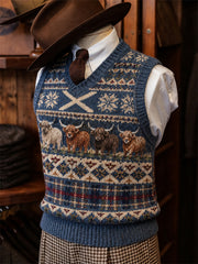 Men's Vintage Highland Cows Scotland Tartan Fair Isle Print Cozy Vest