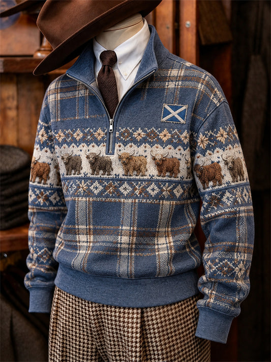Men's Vintage Highland Cows Scotland Tartan Fair Isle Print Zip Up Sweatshirt