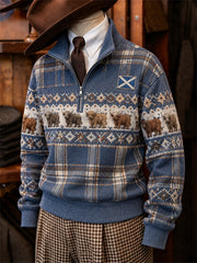 Men's Vintage Highland Cows Scotland Tartan Fair Isle Print Zip Up Sweatshirt