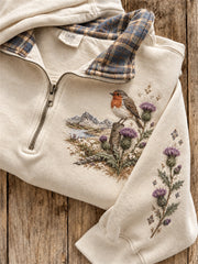 Women's Vintage Robin Bird on Thistles Scotland Tartan Print Zip Up Sweatshirt