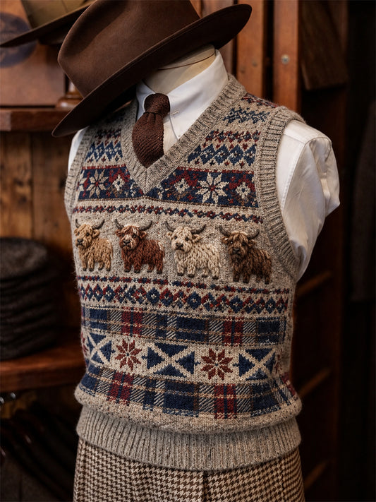 Men's Vintage Highland Cows Scotland Tartan Fair Isle Print Cozy Vest