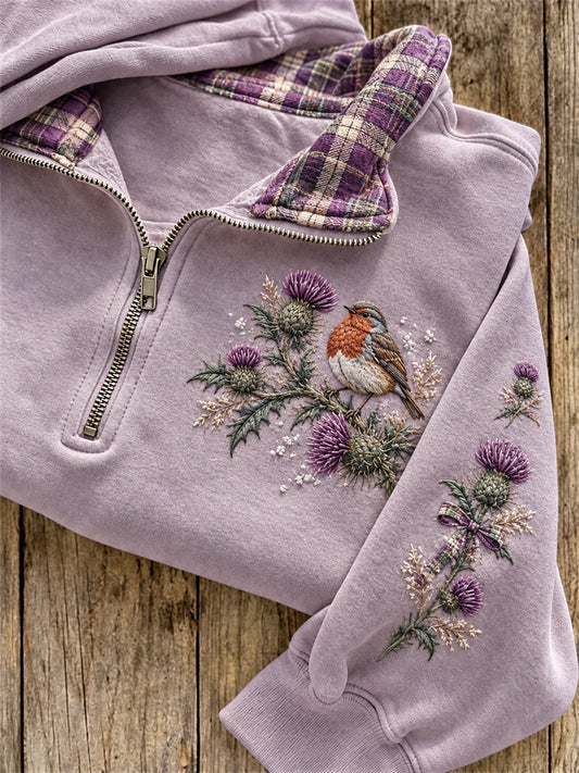 Women's Vintage Robin Bird on Thistles Scotland Tartan Print Zip Up Sweatshirt