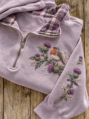 Women's Vintage Robin Bird on Thistles Scotland Tartan Print Zip Up Sweatshirt