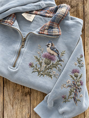 Women's Vintage Blue Jay Bird on Thistles Scotland Tartan Print Zip Up Sweatshirt