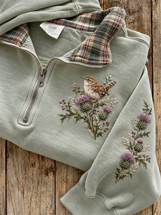 Women's Vintage Wren Bird on Thistles Scotland Tartan Print Zip Up Sweatshirt