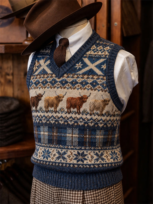 Men's Vintage Highland Cows Scotland Tartan Fair Isle Print Cozy Vest