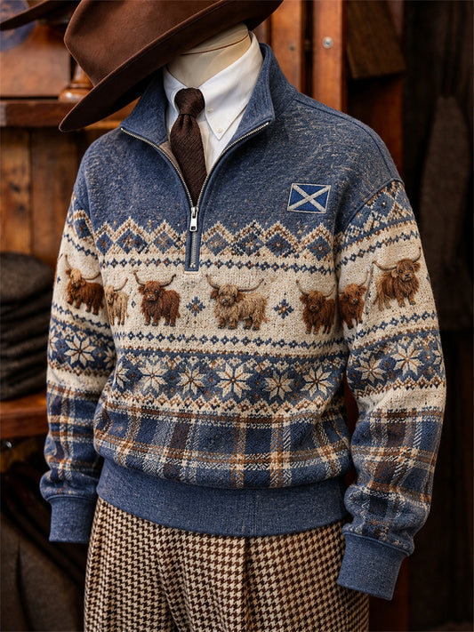 Men's Vintage Highland Cows Scotland Tartan Fair Isle Print Zip Up Sweatshirt