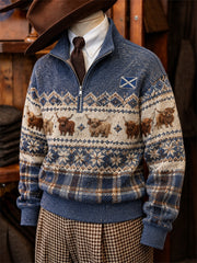 Men's Vintage Highland Cows Scotland Tartan Fair Isle Print Zip Up Sweatshirt