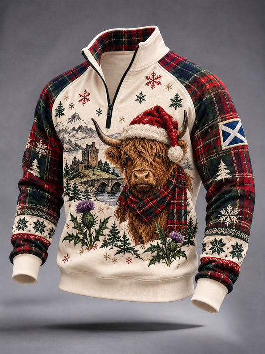 Men's Scottish Christmas Printed Zip-Up Hoodie