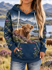 Women's Highland Cow Plaid Print Casual Hoodie