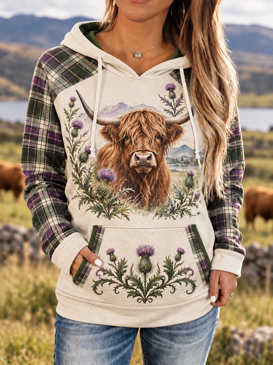 Women's Highland Cow Plaid Print Casual Hoodie