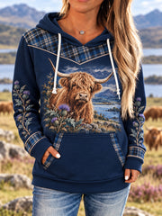 Women's Highland Cow Plaid Print Casual Hoodie