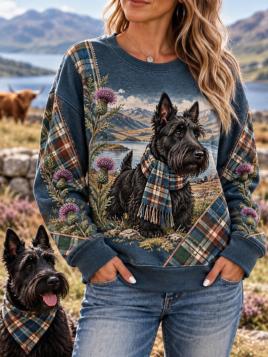 Women's Scottish Terrier Plaid Print Dog Lover Casual Sweatshirt