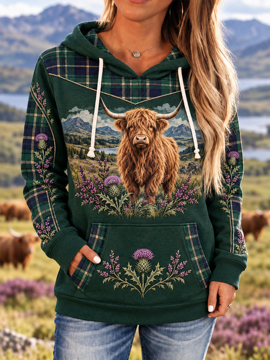 Women's Highland Cow Plaid Print Casual Hoodie